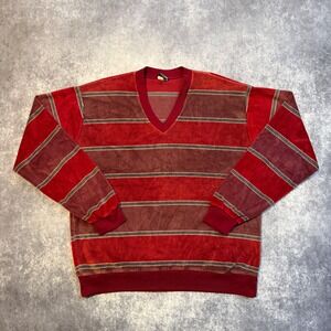 Vintage Expressions‎ Velour Striped V-Neck Pullover Sweater Mens XL Red Burgundy